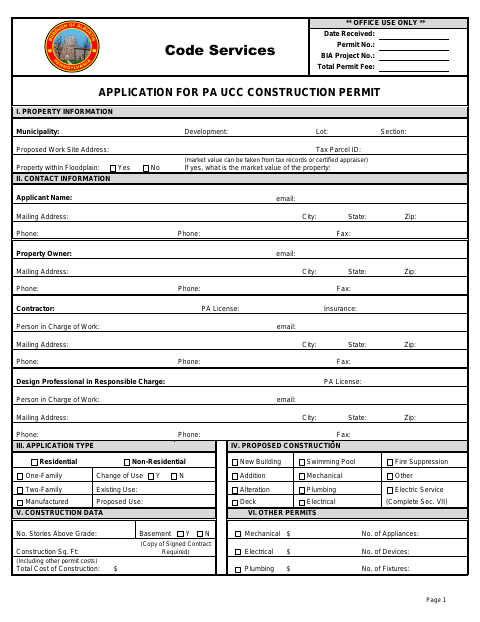 First page of the PA UCC Construction Permit Application