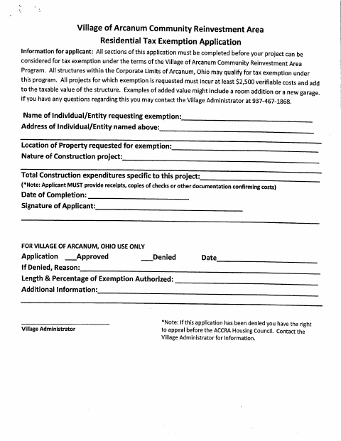 First page of the Community Reinvestment Area Residential Tax Exemption Application