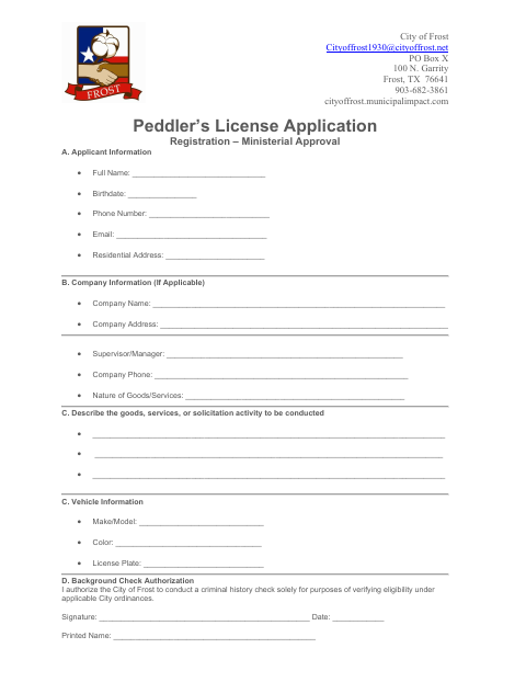 First page of the Peddler’s License Application