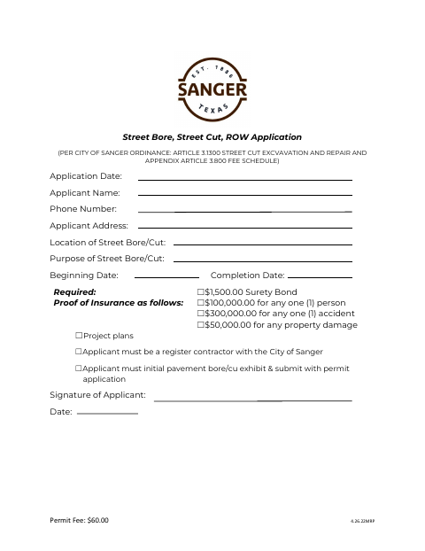 First page of the Street Bore, Street Cut, ROW Application