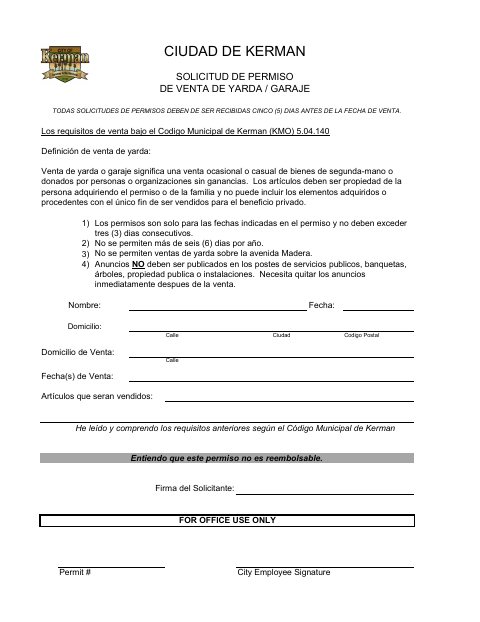First page of the Yard or Garage Sale Permit Application