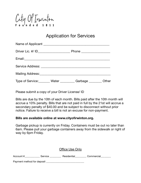 First page of the Water Department Application for Services