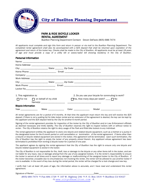 First page of the Park & Ride Bicycle Locker Rental Agreement
