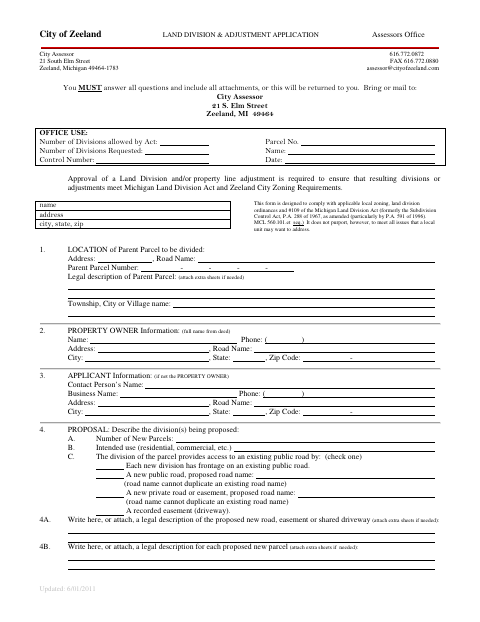 First page of the Land Division & Adjustment Application