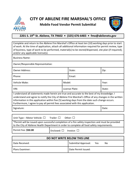First page of the Mobile Food Vendor Permit Submittal