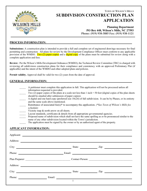First page of the Subdivision Construction Plan Application