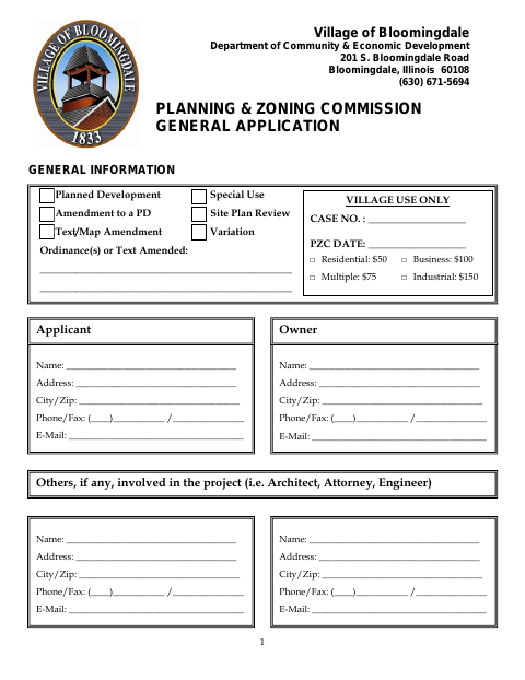 First page of the Planning & Zoning Commission General Application