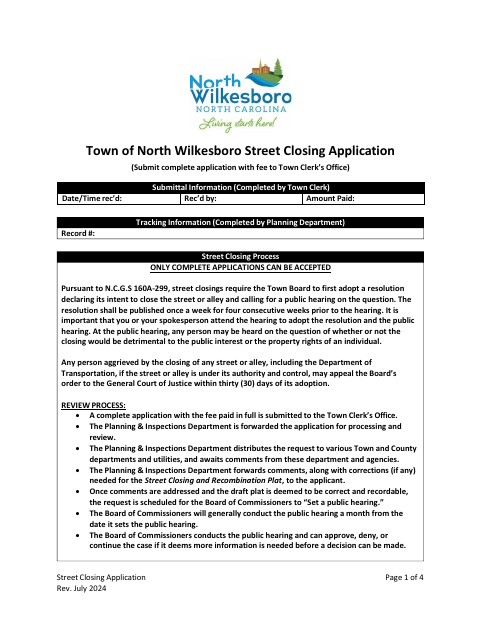 First page of the Street Closing Application