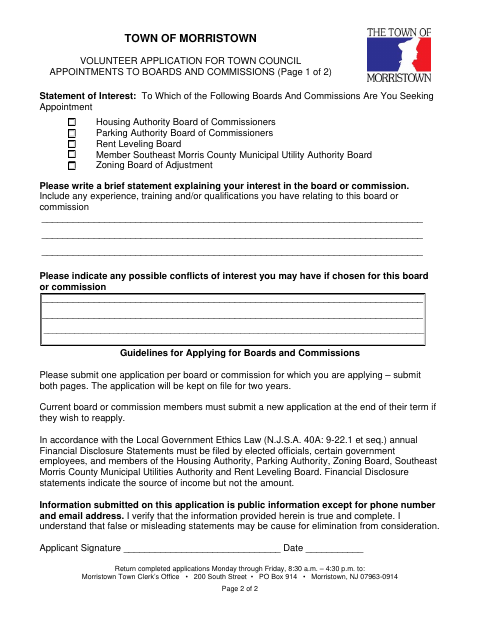 First page of the Volunteer Application for Town Council Appointments to Boards and Commissions