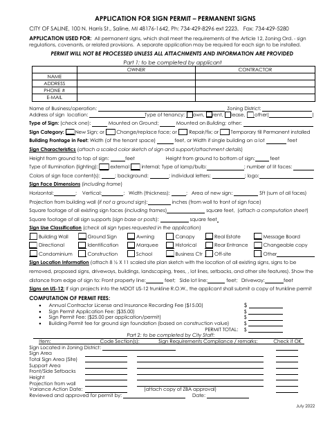 First page of the Application for Sign Permit – Permanent Signs