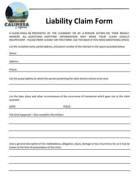 First page of the Liability Claim Form