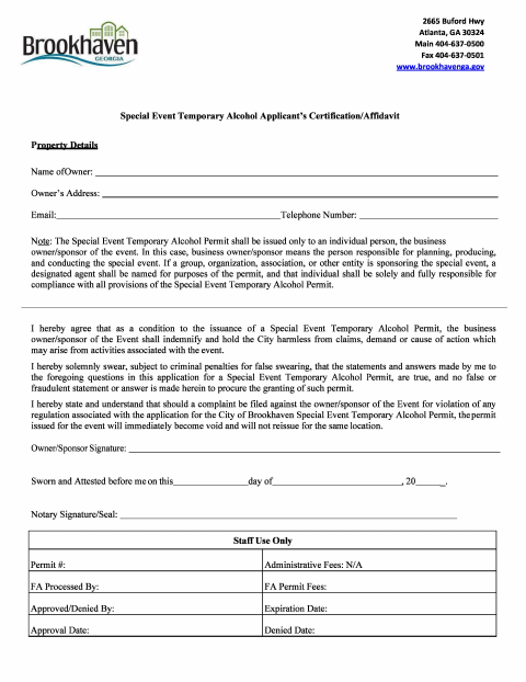 First page of the Special Event Certification Affidavit