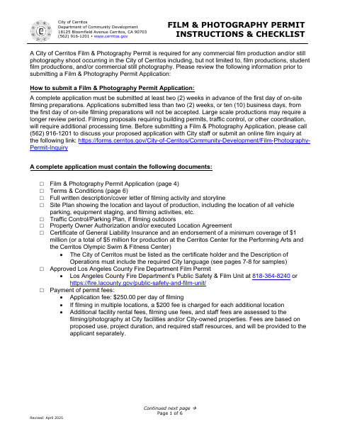 First page of the Film & Photography Permit Application