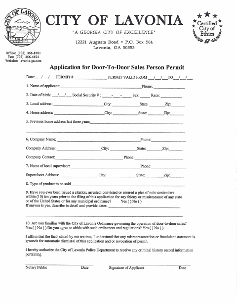 First page of the Door-To-Door Salesperson Permit Application