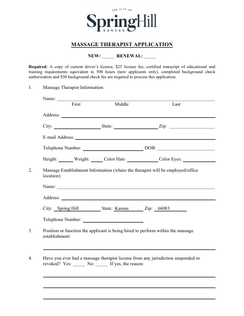 First page of the Massage Therapist Application