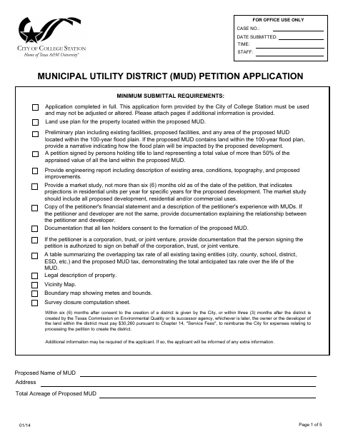 First page of the Municipal Utility District (MUD) Petition Application