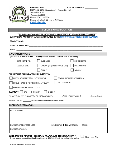 First page of the Subdivision Application