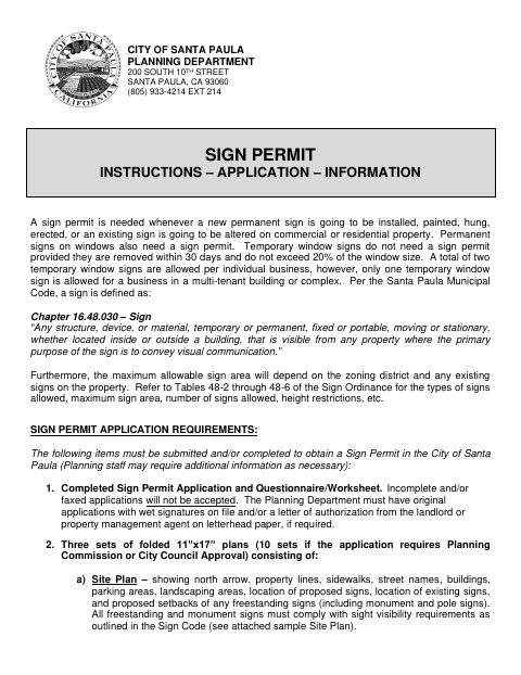First page of the Sign Permit Application and Questionnaire