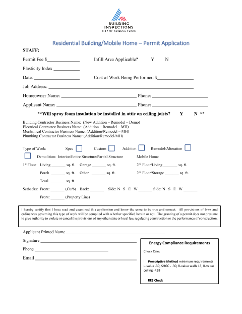 First page of the Residential Building – Mobile Home Permit Application