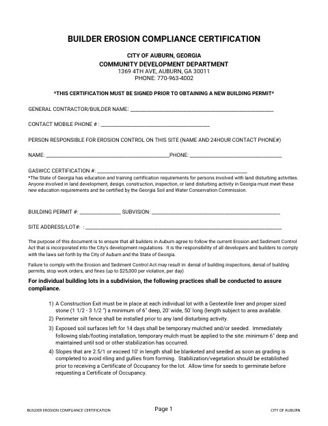 First page of the Builder Erosion Compliance Certification