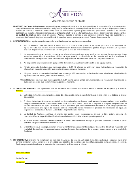 First page of the Customer Service Agreement (Spanish)