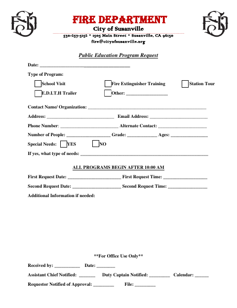 First page of the Public Education Program Request