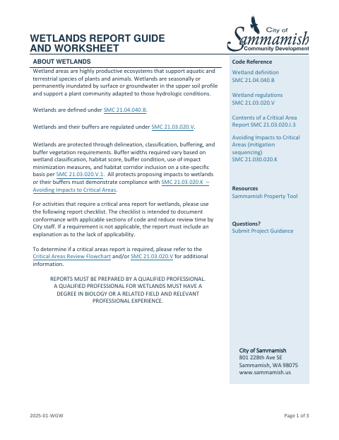 First page of the Wetlands Report Guide And Worksheet 2025