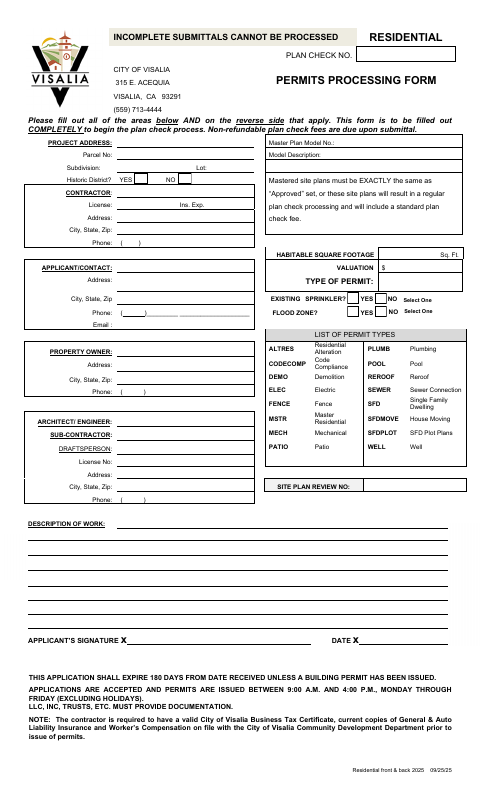 First page of the Residential Building Permit Application