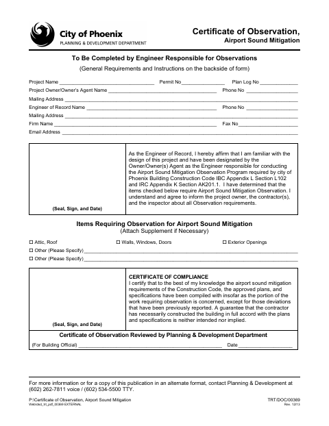 First page of the Certificate of Observation, Airport Sound Mitigation