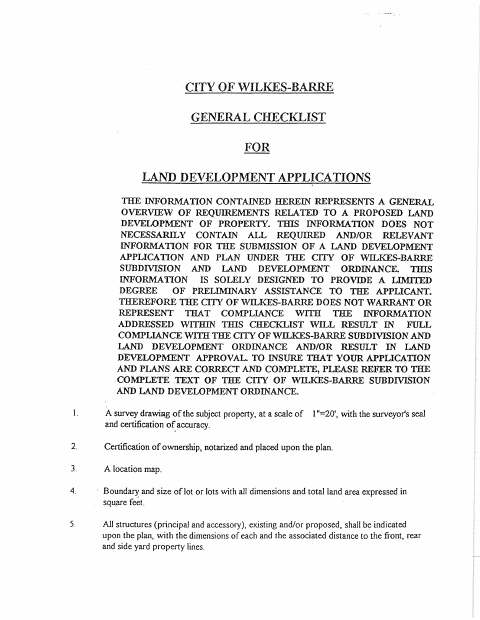 First page of the Land Development Application and General Checklist