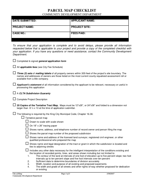 First page of the Parcel Map Checklist