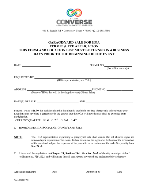 First page of the Garage/Yard Sale for HOA Permit & Fee Application
