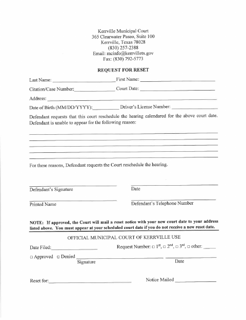First page of the Request to Reset Court Hearing