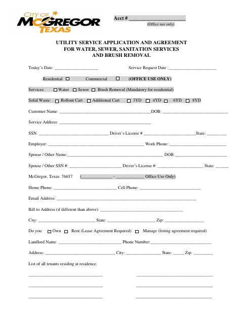 First page of the Utility Service Application and Agreement for Water, Sewer, Sanitation Services and Brush Removal