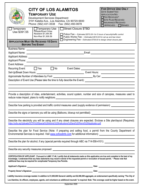 First page of the Temporary Use Application