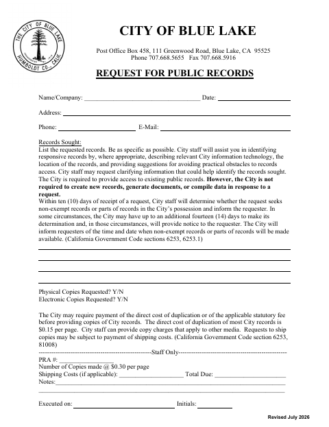 First page of the Request for Public Records