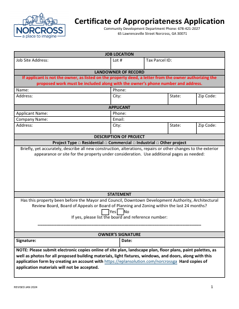 First page of the Certificate of Appropriateness Application
