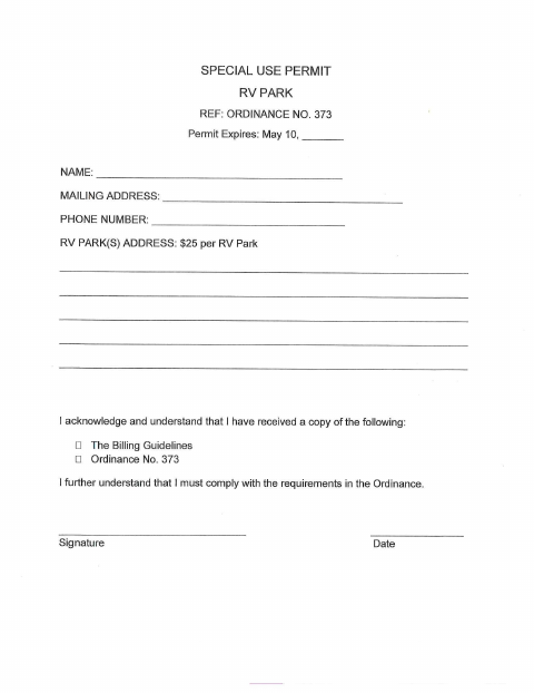 First page of the RV Park Special Use Permit