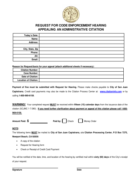 First page of the Request for Code Enforcement Hearing Appealing an Administrative Citation