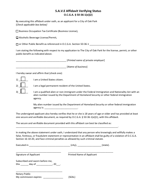 First page of the S.A.V.E. Affidavit Verifying Status