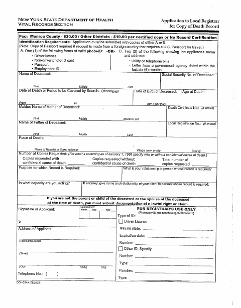First page of the Application to Local Registrar for Copy of Death Record