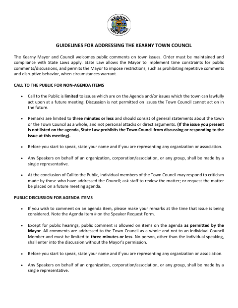 First page of the Guidelines for Addressing the Kearny Town Council