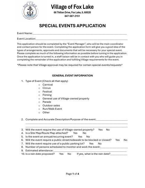 First page of the Special Events Application