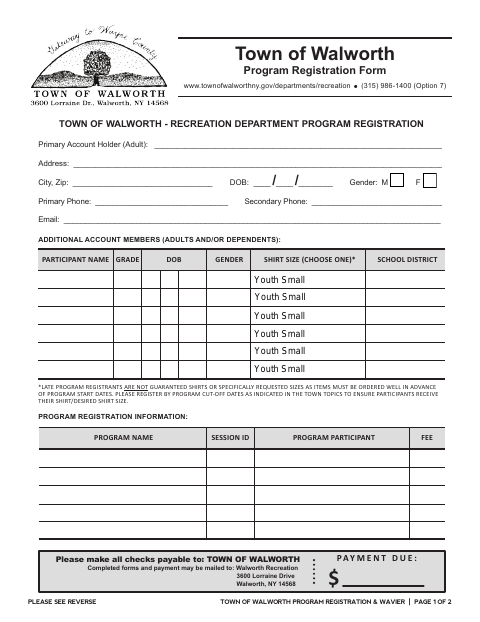 First page of the Recreation Program Registration and Waiver