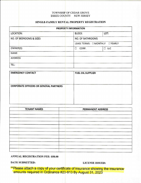 First page of the Single-Family Rental Property Registration