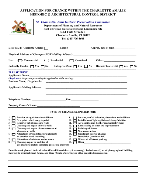 First page of the Application for Change Within the Charlotte Amalie Historic & Architectural Control District