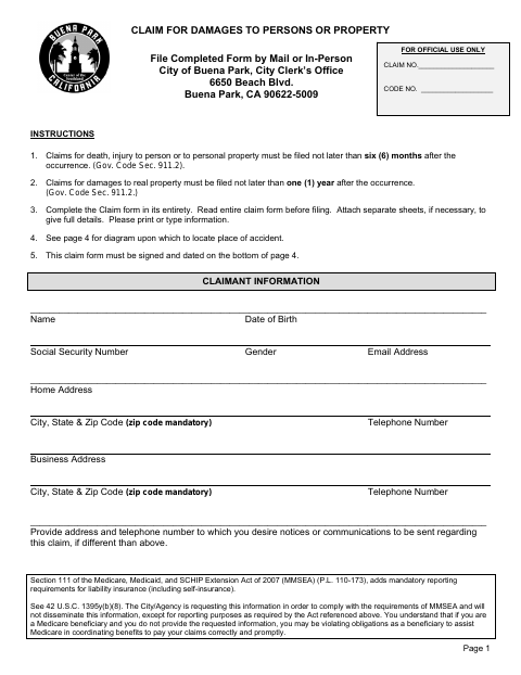 First page of the Claim for Damages to Persons or Property