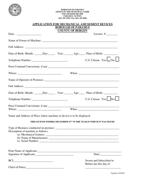 First page of the Application for Mechanical Amusement Devices