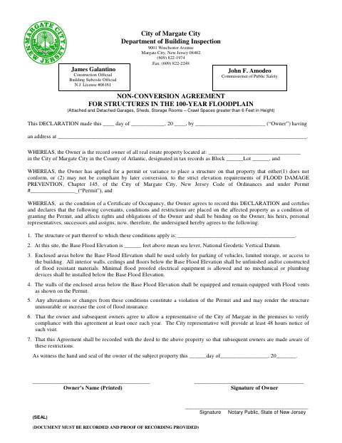 First page of the Floodplain Non-Conversion Agreement