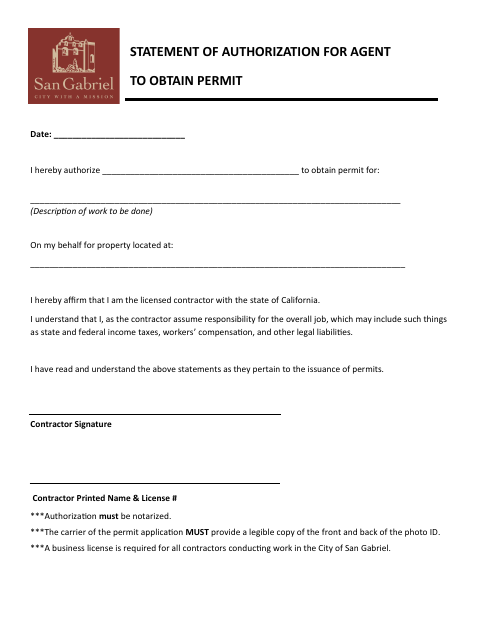 First page of the Statement of Authorization for Agent to Obtain Permit